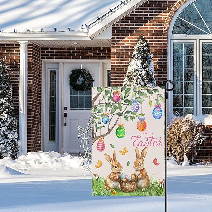 Easter Garden Flag 12x18 IN Double Sided Bunny Garden Flags for Outside Eggs Rabbits Small Flag for Holiday Spring Farmhouse Decor