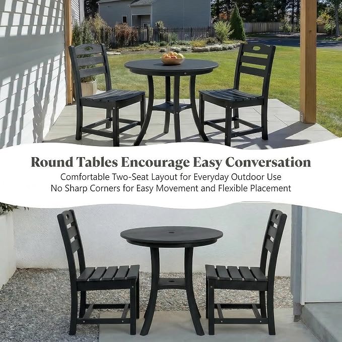 3-Pcs Outdoor Patio Dining Table Set of 3, Outdoor Patio Round 29.72'' Dining Table Bistro Set and Armless Chair for Lawn Garden Backyards, HDPE Material & 1.96'' Umbrella Hole, Black