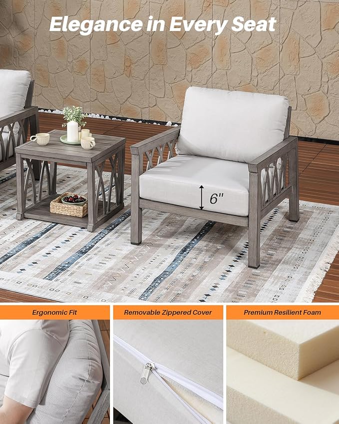 3-Piece Aluminum Patio Furniture Set, Deep Seating 2 Armchairs and Side Table, All Weather Patio Bistro Set with Cushions, Patio Conversation Set for Garden, Balcony, Deck, Limed Oak