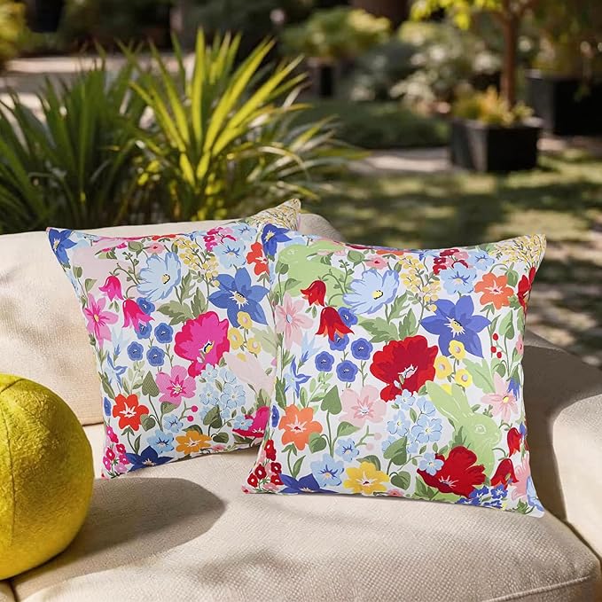 Adabana Spring Summer Outdoor Waterproof Floral Pillow Covers Set of 2 Square Colorful Couch Cushion Cases 18x18 Inch Waterproof Decorative Pillows for Patio Garden Beach,Pink