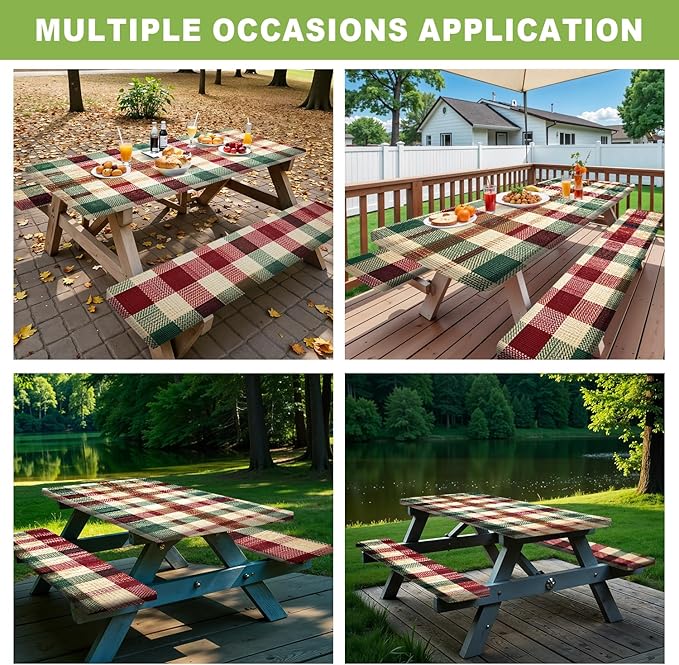 ANNA QUEEN Classic Plaid Picnic 6FT Picnic Table Cover with Bench Covers Set of 3 with Drawstring Bag, Checkered 72"x30" Waterproof Picnic Tablecloth & Bench Covers for Outdoor BBQ