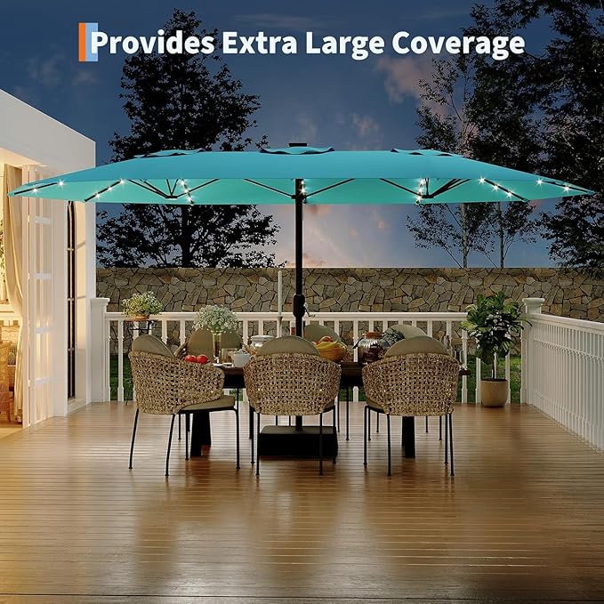 Garvee 15 ft Rectangular Patio Umbrella with Solar Lights & Base Included - Large Patio Umbrella with Crank Handle 36 LED Lights, UV Protection for Outdoor Market, Backyard, Deck, Pool, Misty Blue