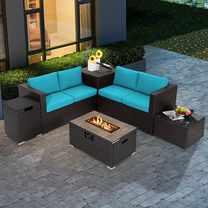 Tangkula 6 Pieces Patio Wicker Furniture Set with 32 Inches Propane Fire Pit Table and Tank Holder, Outdoor Conversation Set with Storage Box and Coffee Table, 2 Waterproof Covers Included (Turquoise)