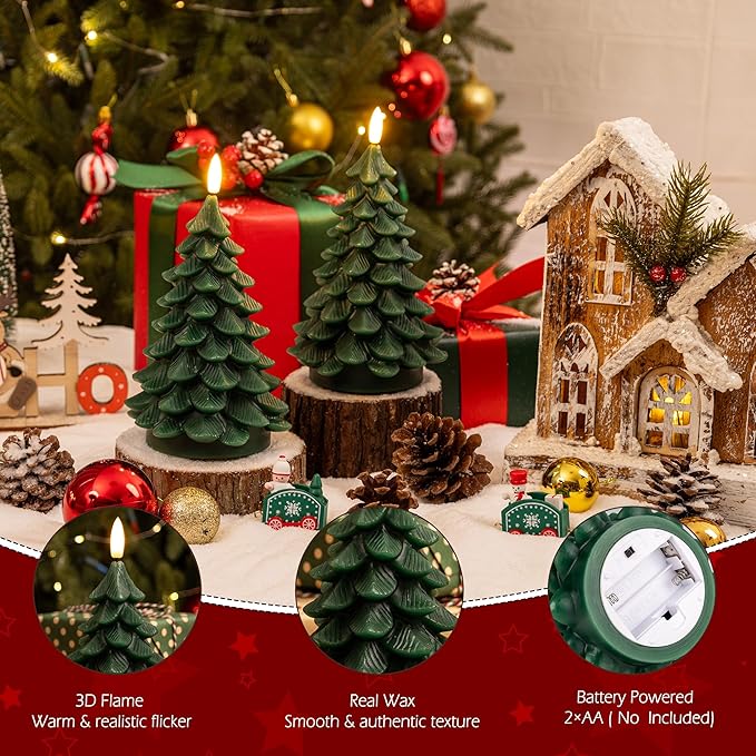 Christmas Tree Candles with Remote, 2 Pack Green Flameless Candles Battery Operated, Real Wax Flickering Christmas Led Candle Decorations for Winter Home Holiday Xmas Gift
