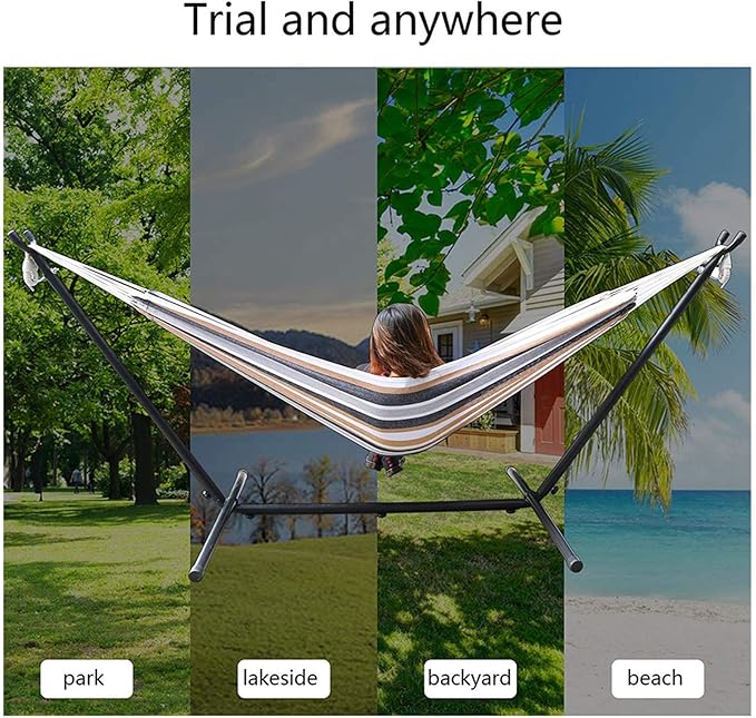 Swing Hammock with Double Space Saving Steel Stand, 2-Person Hammock with Portable Carrying Bag for Garden Yard Porch Patio & Indoor,Capacity 450 Pounds,US Shipping, 102.4x42.1x39.4 In