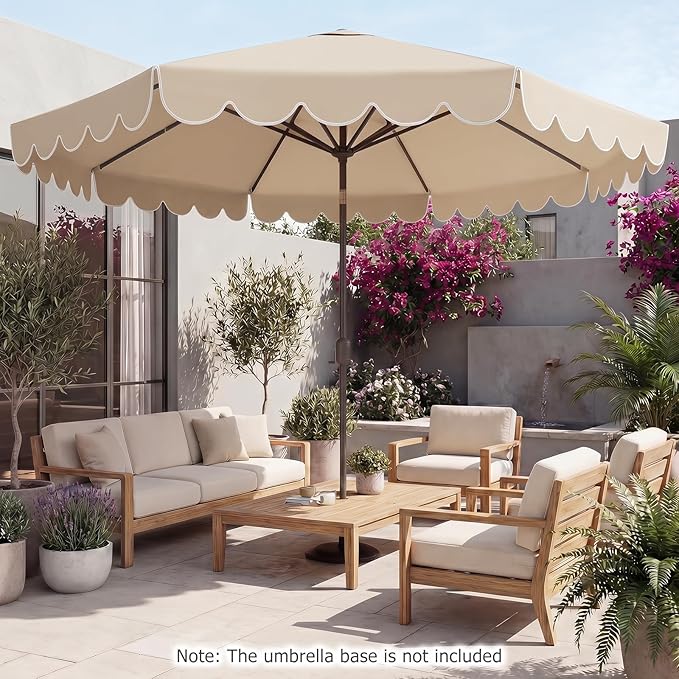 HAPPYGRILL 10 FT Patio Umbrella, Market Table Umbrella w/Crank, Push Button Tilt, Ruffled Edges, Vented Top & 8 Ribs, Outdoor Sun Shade for Poolside Backyard Beach
