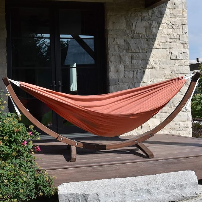 Vivere Double Cotton Hammock with Solid Pine Arc Stand - 450 lb Capacity, Durable FSC Wood Frame, Includes Hardware & User Guide - 450 lb Weight Capacity (Coral)