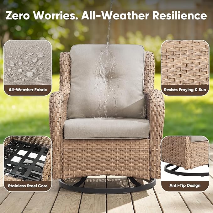 Belord Patio Wicker Chairs Swivel Rocker,Outdoor Patio Furniture Set with Rattan Side Table, All Weather Conversation Set for Porch Poolside Balcony, Yellow Wicker/Beige