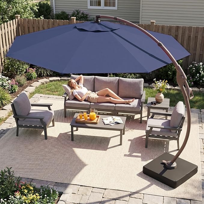 Cantilever Umbrella with Heavy-Duty Base, Outdoor Large Round Aluminum Offset Umbrella for Patio Garden Backyard, UV-Resistant Waterproof Canopy, 360° Rotation & Tilt Adjustment