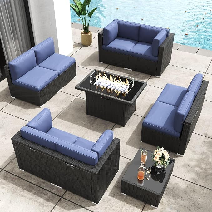 Patio Furniture Set with Fire Pit Table, 10 Pieces Outdoor All-Weather Wicker Conversation Sectional Chair Sofa Set