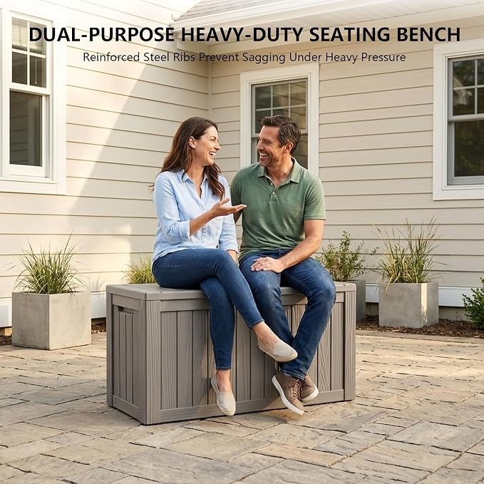 Outdoor Storage Box, 90 Gallon Waterproof Deck Box [Upgraded 3.0], Robust Weatherproof Organizer for Deep-Seat Cushions, Sports Equipment, Lockable Garden Tool Bench Seat, Side Yard, Grey