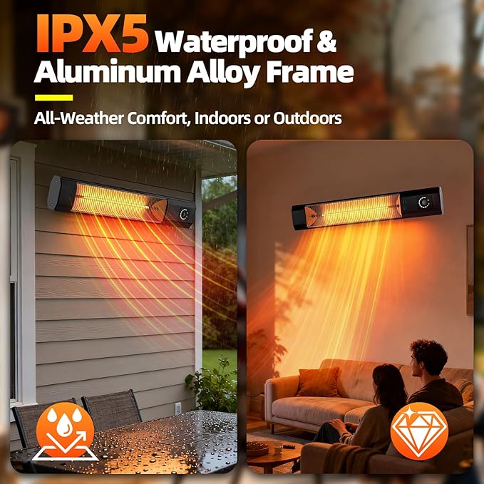 Wall-Mounted 34" 1500W Infrared Electric Patio Heater with Remote & Motion Sensor, 9 Heat Levels, 9H Timer, IPX5 Waterproof for Indoor Outdoor Use Garage Backyard Deck Porch Patio Heaters