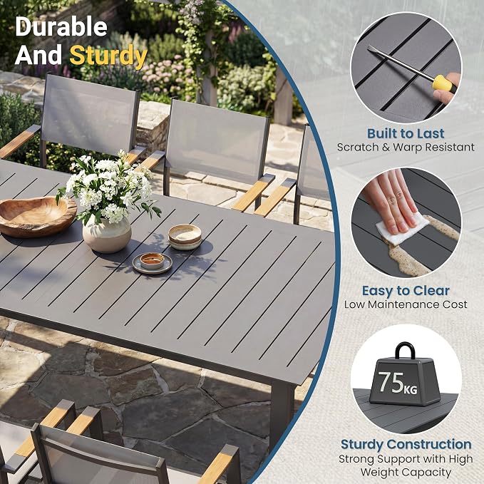 Wisteria Lane Aluminum Outdoor Patio Table and Chairs Set with 121" L-81 L Expandable Dining Table, 9-Pieces Outdoor Dining Set for 8, Patio Furniture Set with Stackable Quick Drying Chairs, Grey