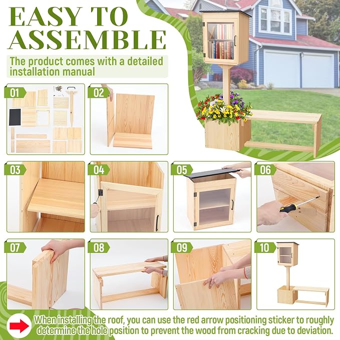 Wonderjune 3-in-1 Little Library Box Outdoor with Bench and Flower Fences, 55.8 Inch Weatherproof Solid Wood Exchange Box with Floor Plugs and Flower Fence for Neighborhoods, Community, School