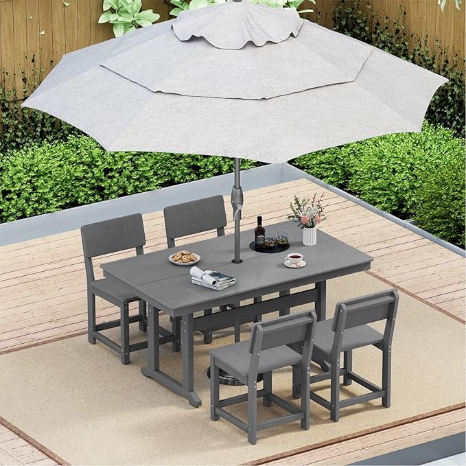 5-Piece HDPE Outdoor Patio Dining Set,Modern Plastic Dining Sets，Patio Table and Chairs Set with Umbrella Hole Cut-Out Table and 4 Chairs Gray