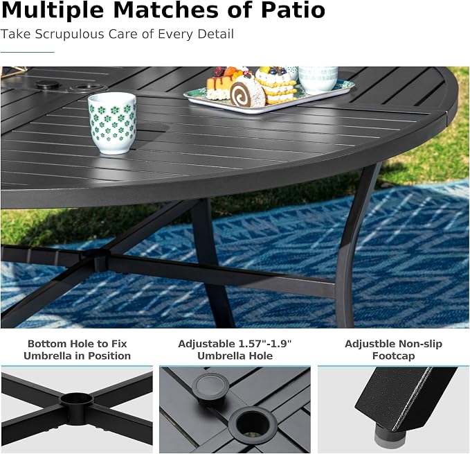 MFSTUDIO 7 PCS Patio Dining Set, 54" Round Table & Aluminum Chairs, Beige | Stackbale chairs, Light-weight & space-saving, Square Table, Umbrella Hole, Patio deck, 6 person