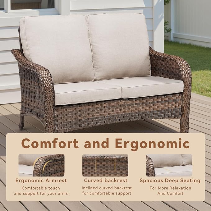 2 PCS Patio Furniture Set, Outdoor Wicker Loveseat Sofa with Coffee Table, 4-Inch Thick Olefin Cushions & Curved Armrests, 300 lbs Capacity Rattan Porch Furniture for Garden, Backyard, Beige