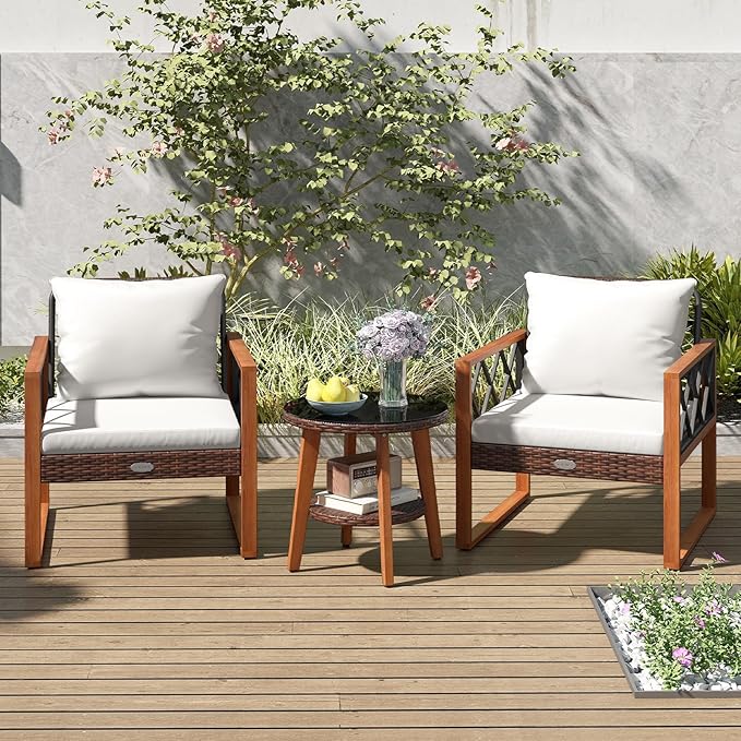 Tangkula 3 Pieces Patio Wicker Furniture Set with Acacia Wood Frame, Outdoor Conversation Cushioned Chairs and 2-Tier Tempered Glass Coffee Table for Porch, Balcony, Garden and Backyard (Off White)