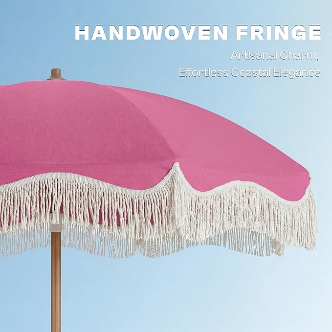 7ft Patio Umbrella with Fringe, Boho Beach Umbrellas, Outdoor Tassels Umbrellas with Push Button Tilt & Carrying Bag, 8 Windproof Fiberglass Ribs, UPF50+