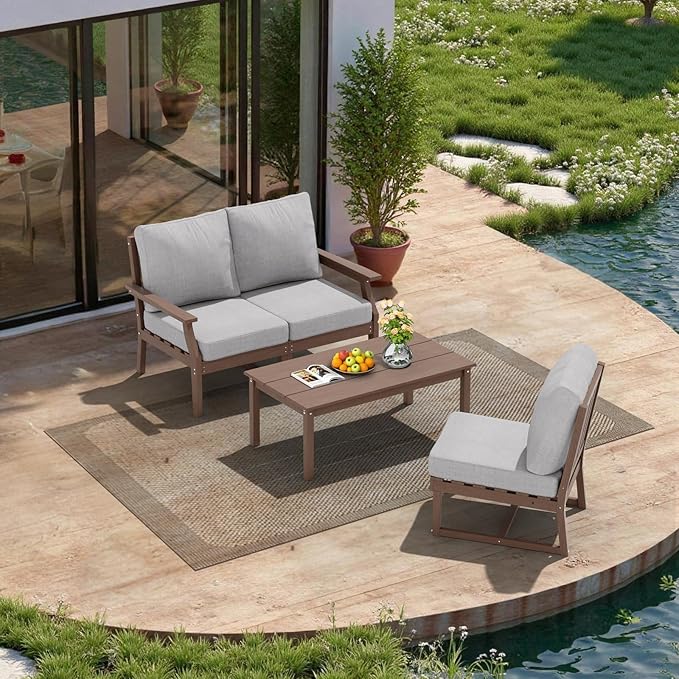 HDPE Patio Conversation Set, 4-Piece All Weather Outdoor Furniture Set with 3-Seater Modular Sofa for Deck, Lawn, with Cushion, Brown