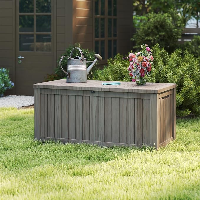 150 Gallon Deck Boxes Outdoor Waterproof, Outdoor Storage Box with Lockable Lid & UV-Resistant for Patio Furniture, Outdoor Cushions, Garden Tools and Pool Supplies, Light Brown