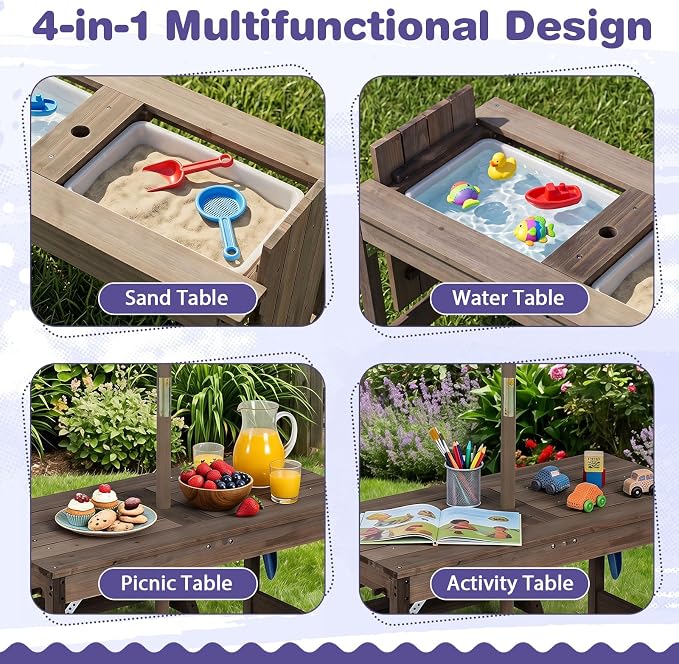HONEY JOY Kids Picnic Table, 4 in 1 Fir Wood Toddler Sand & Water Table w/Removable Box & Umbrella, Waterproof Cover, Garden Tools, Children Outdoor Table and Bench Set with Cushions (Blue)