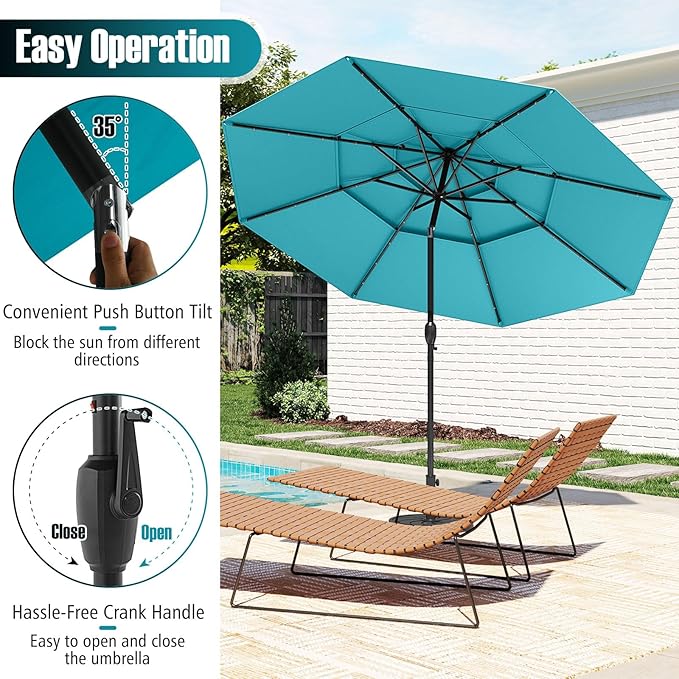 Tangkula 10 FT Solar LED Patio Umbrella, 3-Tier Vented Outdoor Market Table Umbrella with 32 LED Lights, Tilt Adjustment, Crank Handle, 8 Ribs for Backyard Pool Deck (Turquoise)