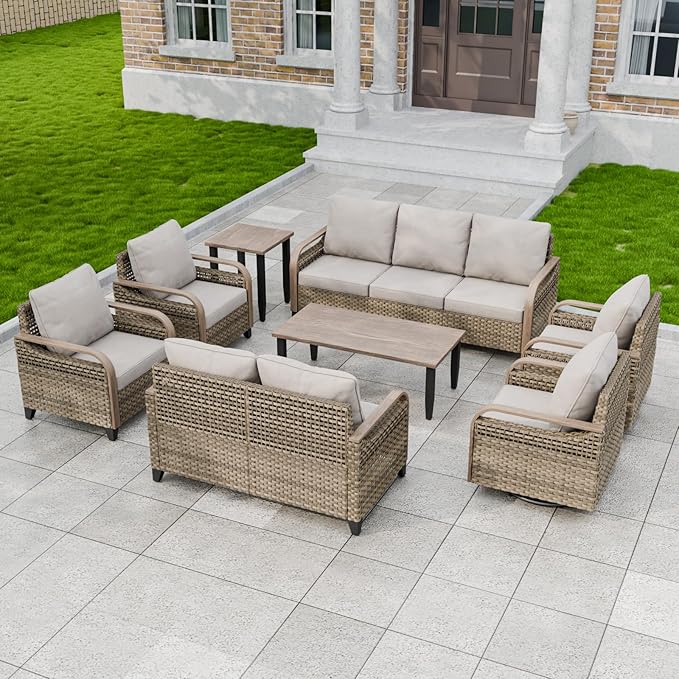 Modern Wicker Patio Furniture Set, Rattan Outdoor Conversation Set， 2 Patio Chairs, 2 Swivel Rocking Chairs, 3 Seat Couch, Loveseat, Coffee Table and Side Table, 8 Pieces, Brown/Gray