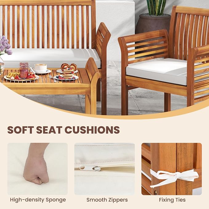 4 Piece Patio Furniture Set, Acacia Wood Sofa Set with Rectangular Coffee Table & Soft Seat Cushions, Outdoor Conversation Set for Garden, Backyard & Poolside
