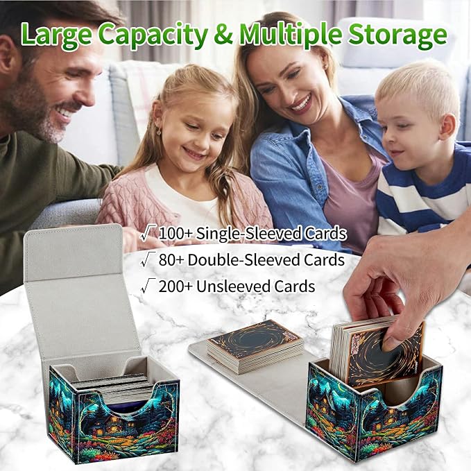 Card Deck Box for MTG, Cards Storage Box Fits 120+ Sleeved, Leather Small Size Strong Magnetic Closing Card Case for Board Games Magic TCG CCG Baseball Collection, Creek Chateau