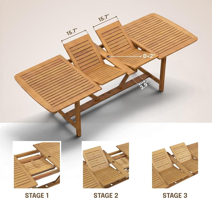 NTC Flexa Extendable Outdoor Dining Table, 63"–94.5" Solid Wood Patio Table for Patio Dining Sets with 8 Terra Chairs Weather Resistant, Easy Assembly, Natural