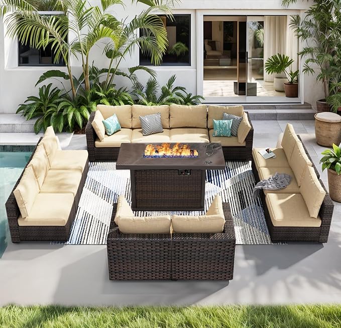 13 Piece Patio Furniture Set with Fire Pit Table All Weather PE Rattan Outdoor Sectional Sofa Couch with No-Slip Cushions for Garden, Poolside, Backyard (Beige)