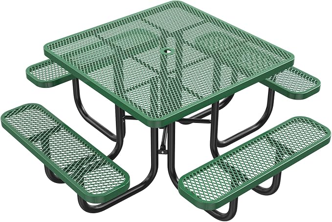 Heavy Duty Picnic Table with Umbrella Hole, Expanded Meta Outdoor Metal Patio Dining Table & Outdoor Bench Set, Steel Mesh Dining Furniture for Garden, Lawn, Patio (47 INCH Green Square Table)