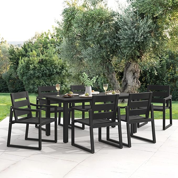 Cozyman Patio Table and Chairs Set, HDPS Outdoor Dining Set for 6, Patio Furniture for Deck, Poolside, and Backyard, Black