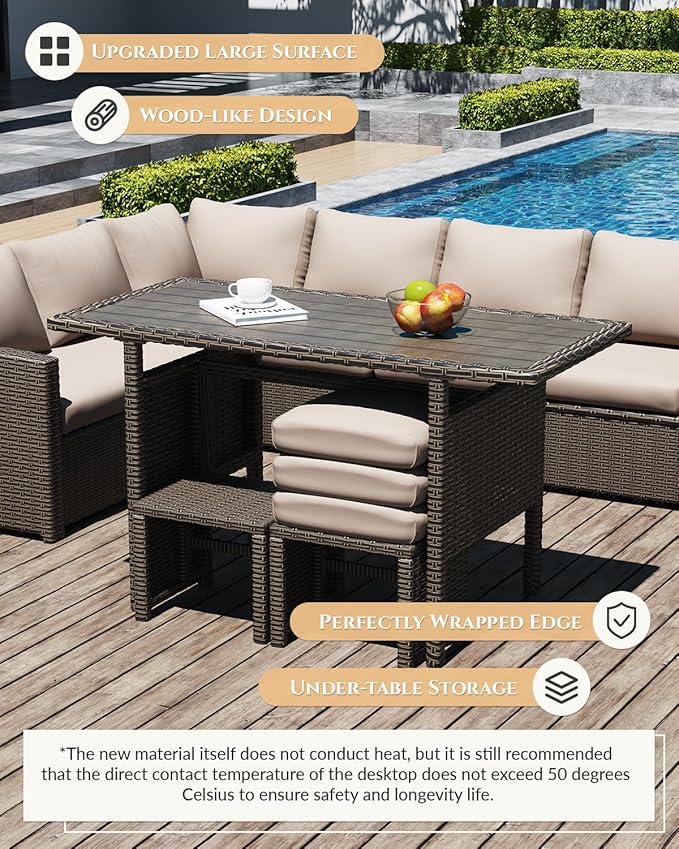 U-MAX 7 Pieces Patio Furniture Set with 43" Fire Pit Table, Outdoor Sectional Sofa Conversation Set, All Weather Wicker Rattan Dining Table & Chair with Ottoman, Brown Rattan&Khaki Cushion
