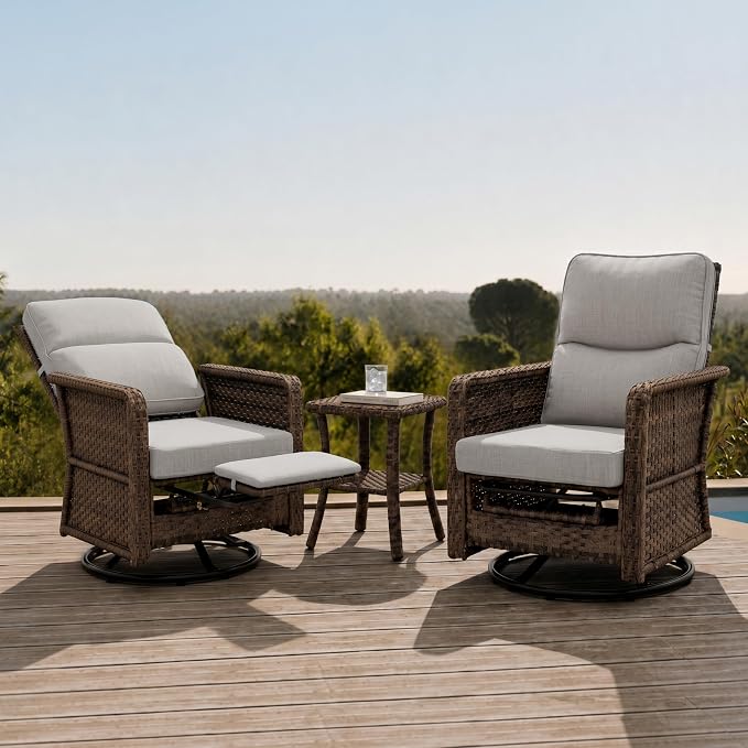 Brafab Outdoor Swivel Recliner Chair Set of 3 - Ergonomic Reclining Patio Chair with Adjustable Backrest and Footrest, All-Weather Wicker Chaise Lounge Outdoor with Side Table