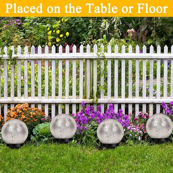 Solar Globe Lights Outdoor Waterproof, Cracked Glass Ball Orb Lights, Waterproof Globes for Garden Pathways, Patio Decor & Backyard Landscaping, Round Ornaments Orbs (Silver dots)