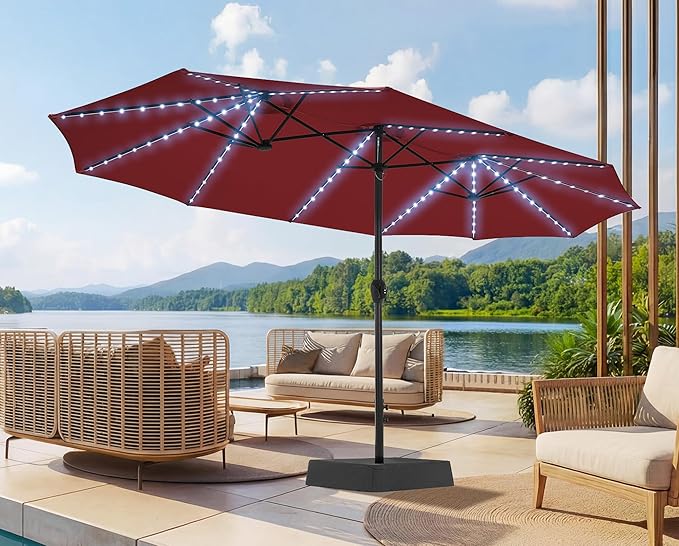 SUPERJARE 15ft Large Patio Umbrella with Base included, Double Sided Outdoor Umbrella with Solar Lights, Pool Umbrella with Fade Resistant Canopy for Deck, Porch, Yard, Balcony, Burgundy