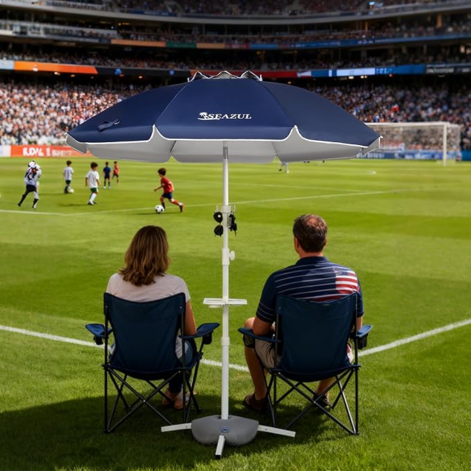 Seazul 6.5ft Sun Shade Umbrella, Portable Umbrella with Stand for Sports, Water Weight Bag, Adjustable and Lightweight, Sun Protection, Navy Blue