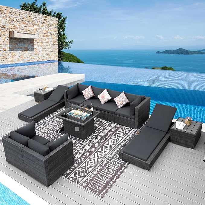 NICESOUL 11 Piece Sectional Patio Set with Loungers, Modern Backyard Seating with Firepit, Comfy 29.3'' High-Back Deep Outdoor Couch Sofa, Heavy Duty All-Weather Wicker Furniture for Deck, Dark Grey