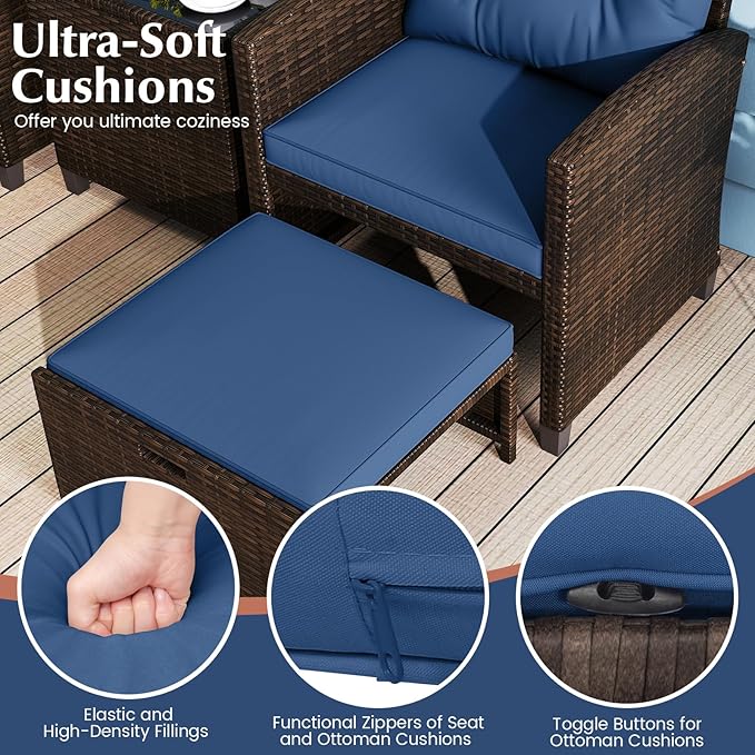 COSTWAY 5-Piece Rattan Conversation Set, Outdoor Sofa, Tempered Glass Coffee Table & Ottomans for Small Space, Boho Chic Indoor/Outdoor Furniture for Patio, Living Room & Apartment (Navy)