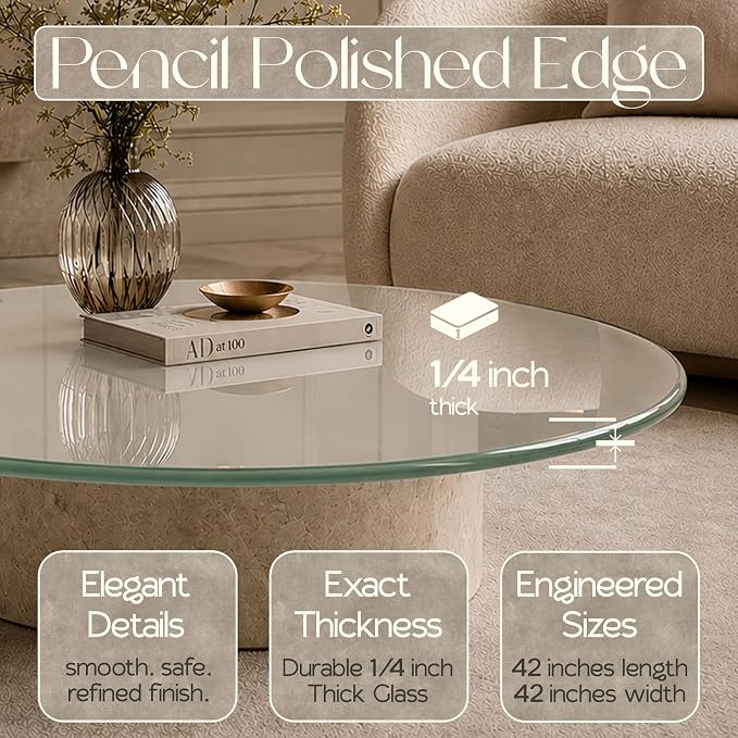 42 inch Round 1/4" Thick Pencil Polished Edge Glass Table Top with 6 Bumpers - Tempered, Scratch Resistant & Safety Replacement Glass Designed for Dining, Coffee, Patio & End Tables