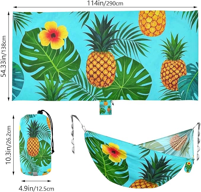 Summer Pineapple Palm Flower Blue 330lb Capacity Hammocks for Camping with Tree Straps Indoor Hammock for Outside Patio Garden sillas para acampar