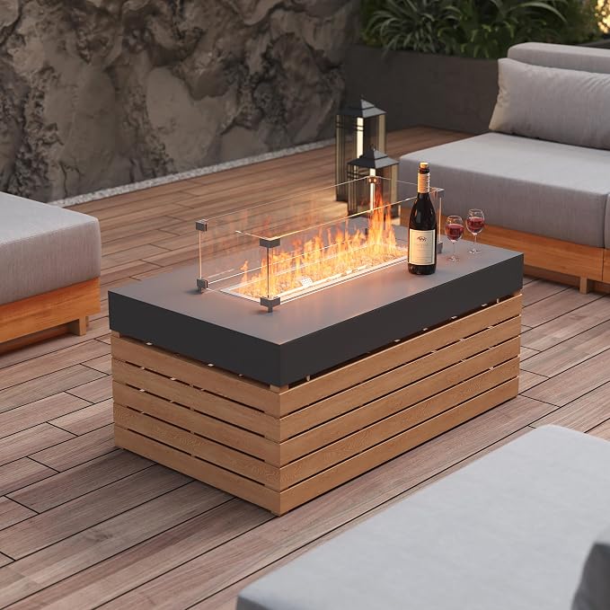 homary 4-Piece Modular Teak Outdoor Sofa Set,Weather-Resistant Patio Furniture with Smokeless Fire Pit, Waterproof Cushions, Modern Sectional for Garden, Deck & Backyard