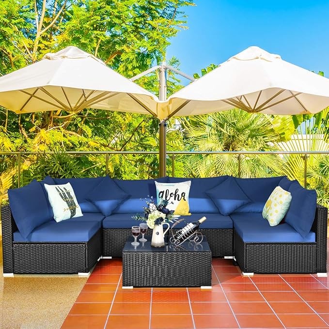 COSTWAY 7 Pieces Patio Furniture Set, Outdoor Rattan Conversation Set with 6 Seats, Coffee Tea Table, Soft Cushions, Wicker Patio Sectional Sofa for Garden Balcony Porch Poolside, Navy