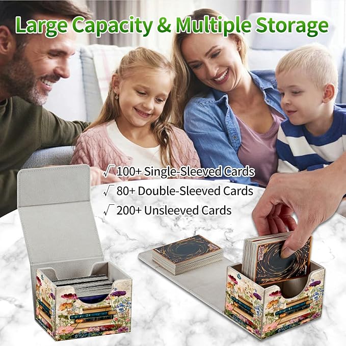 Card Deck Box for MTG, Cards Storage Box Fits 120+ Sleeved, Leather Small Size Strong Magnetic Closing Card Case for Board Games Magic TCG CCG Baseball Collection, Vintage Flower Books