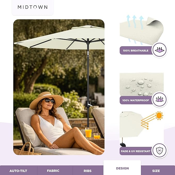 Midtown Umbrellas - The Lean 8 Ft Patio Umbrella with Fade-Resistant Sunbrella Fabric, Auto-Tilt Aluminum Frame and 8 Reinforced Ribs for Deck, Pool & Garden - Canvas Natural Canopy, Black Pole