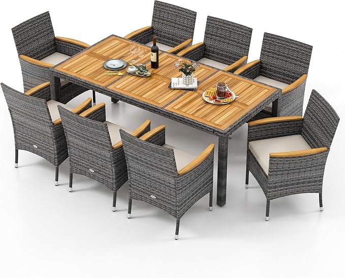 Tangkula 9 Pieces Outdoor Wicker Dining Set, Patio Dining Furniture Set with Acacia Wood Table and 8 Armchairs, Outdoor Table and Chairs Set with 1.96” Umbrella Hole and Cushions