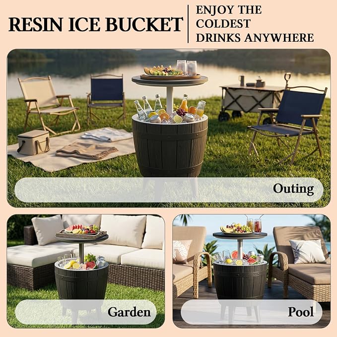 ROJIK 3-in-1 Resin Ice Bucket & Beverage Cooler – Wood Look Patio Table, UV Protection & Drain Plug for Outdoor Parties, Bars, and Poolside Use