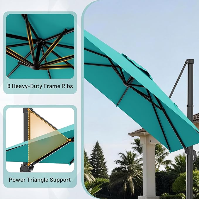 AreShark 8 × 8FT Square Cantilever Patio Umbrella with Base Included, 360° Rotation Offset Outdoor Umbrella, 5 Tilt Settings Heavy Duty Hanging Parasol for Deck Garden Pool, Peacock Blue